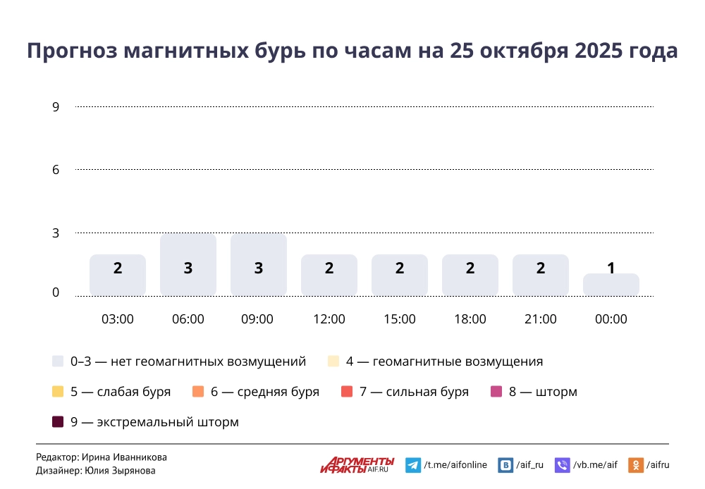 Прогноз магнитных бурь по часам на 25 октября 2025 года. Инфографика